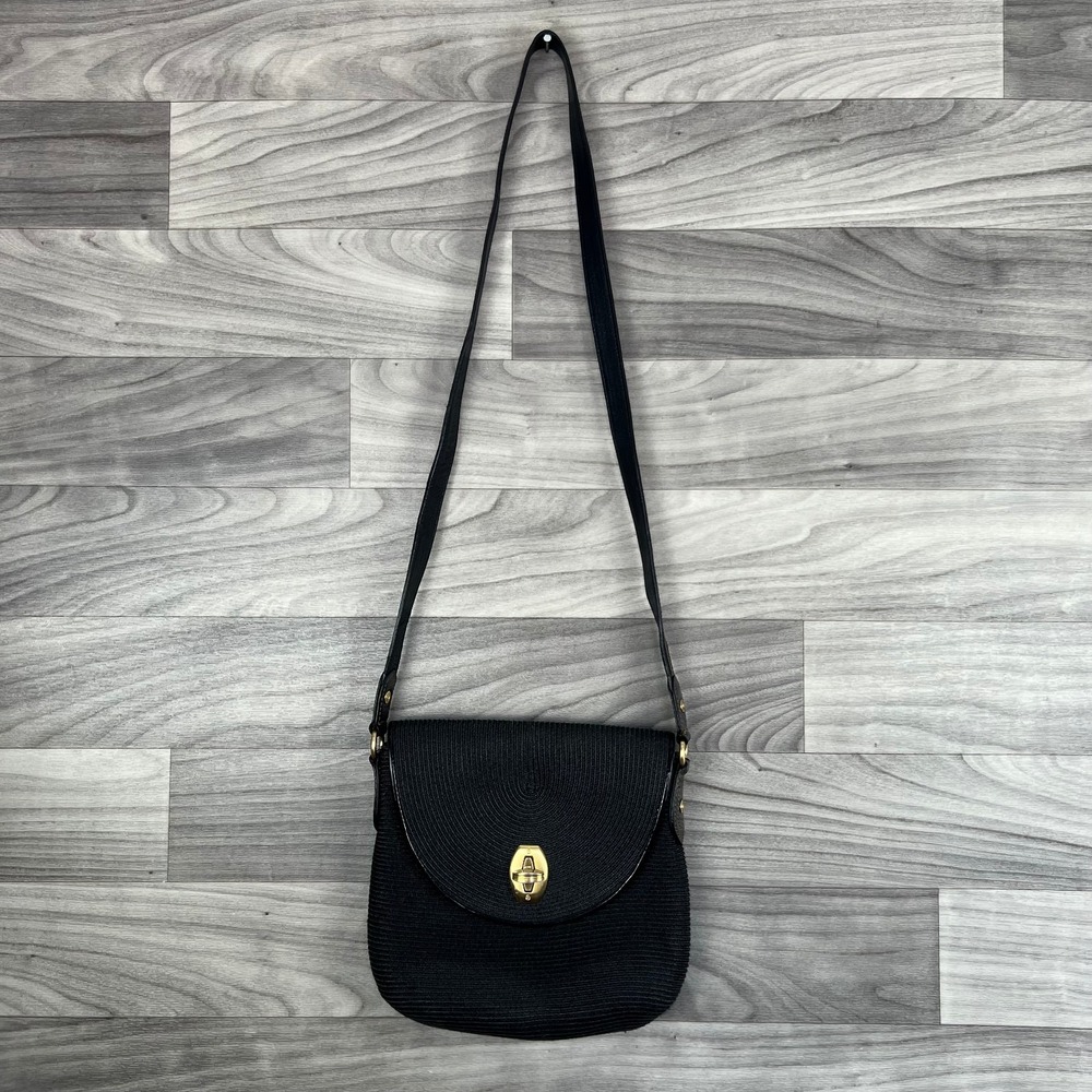 Eric Javits Crossbody Bag Women Black Raffia Flap Turnlock Inner Pockets Classic
